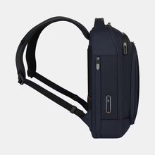 Load image into Gallery viewer, Side panel view of the navy blue backpack with the shoulder straps extended.

