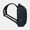 Side panel view of the navy blue backpack with the shoulder straps extended.