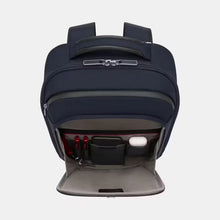 Load image into Gallery viewer, Interior view of the backpack's front pocket compartment with pens, a cellphone, and an earbuds case organized inside.
