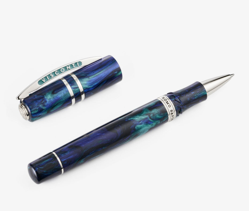 The Visconti Homo Sapiens Earth Origins Rollerball Pen laid on a white background. The cap is set to the side.
