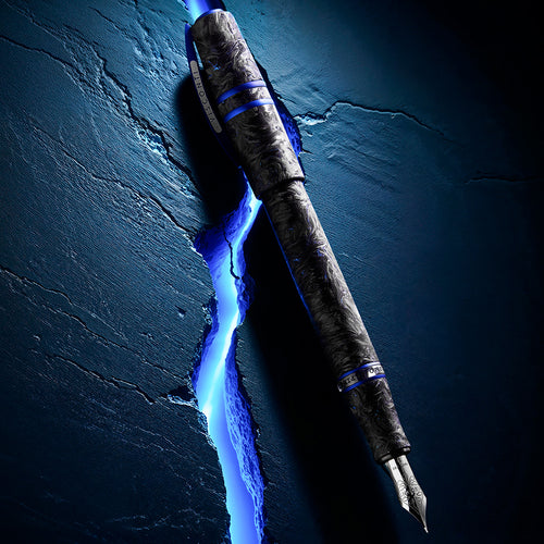 Decorative pen with glowing blue energy effect on a dark textured background.