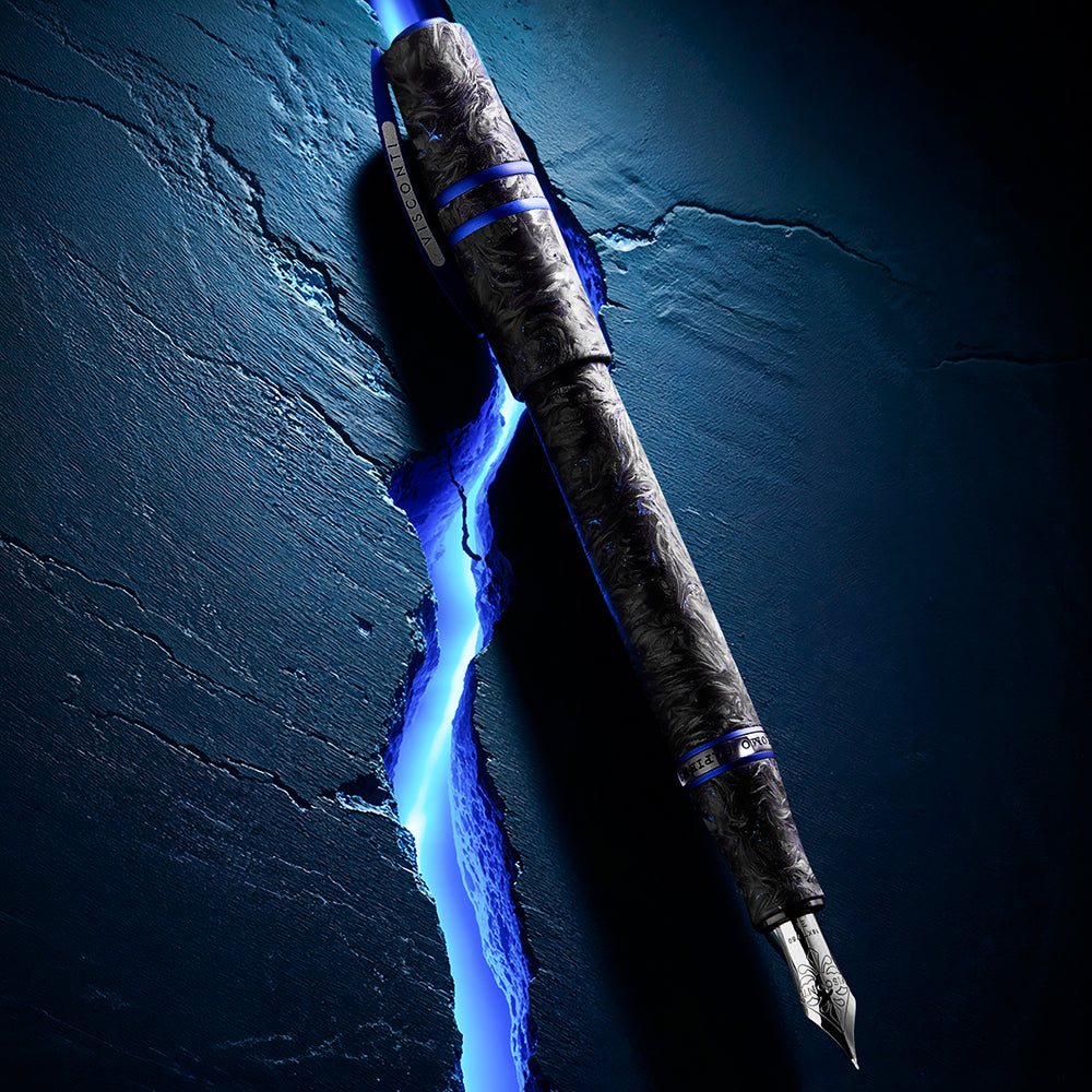 Decorative pen with glowing blue energy effect on a dark textured background.