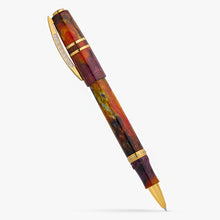 Load image into Gallery viewer, The posted rollerball pen with a marbled resin barrel in shades of red, orange, and brown, accented with gold-tone metal trim and a gold clip, shown on a light background.
