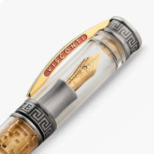 Load image into Gallery viewer, Luxury pen with gold and silver accents on a white background, capped.
