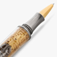 Load image into Gallery viewer, Decorative rollerball pen with gold and silver design on a white background.
