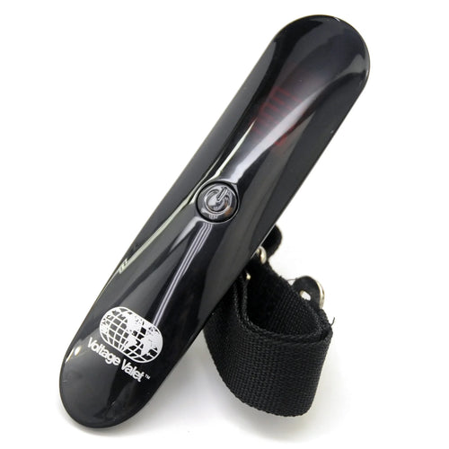 Front angled view of the digital luggage scale. It has a small screen which shows the weight next to the on button. 