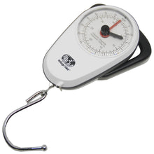 Load image into Gallery viewer, Front angle view of the digital luggage scale on a white background. it measures the weight in pounds with two small dials. 
