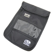 Load image into Gallery viewer, Angled front view of the RFID Travel Neck Pouch on a white background. It has a velcro closing top flap at the top.
