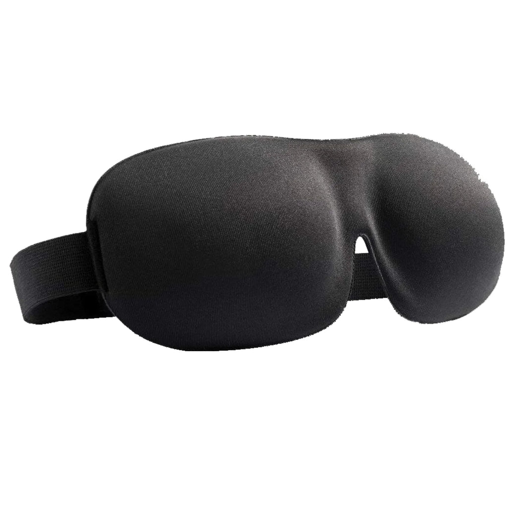 Angled front view of the black spandex eye mask.