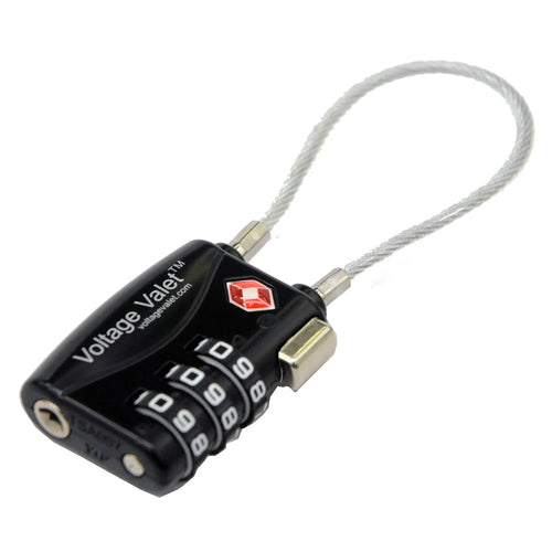 Angled front view of the black three-digit combination cable lock.