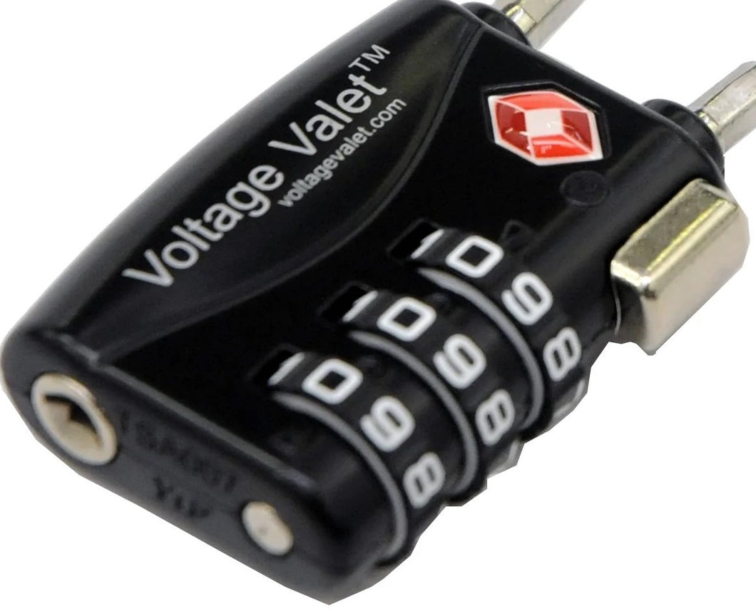 Close up to the black three-digit combination cable lock.