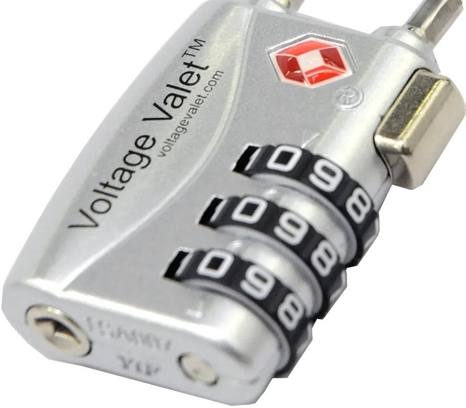 Close up to the gray three-digit combination cable lock.