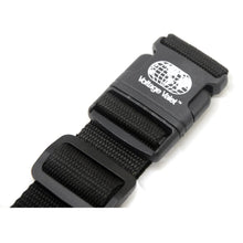 Load image into Gallery viewer, Close up to the safety buckle. It has the Voltage Valet world globe logo.
