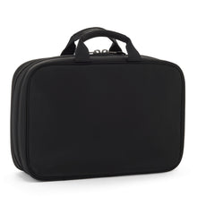 Load image into Gallery viewer, Angled back panel view of the black cosmetic bag.
