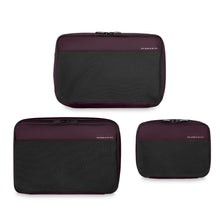 Load image into Gallery viewer, Three different sized purple and black packing cubes on a white background. 
