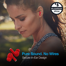 Load image into Gallery viewer, Profile of a young woman wearing an earbud with text: Splash Proof IPX4, Pure Sound. No wires. Secure In-ear Design.
