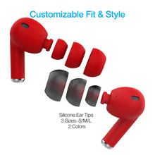 Load image into Gallery viewer, The two earbuds arranged with the three different sized silicone ear tips.
