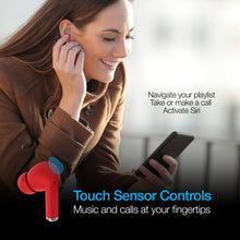 Load image into Gallery viewer, A young woman wearing on her phone while wearing an earbud, with text: Navigate your playlist. Take or make a call. Activate Siri. Touch Sensor controls. Music and calls at your fingertips.
