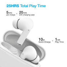 Load image into Gallery viewer, Angled view of the earbuds with text: 25 hours total play time. 5 hours per charge plus 20 hours with charging case. 10 minutes quick charge is 1 hour play time.
