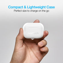Load image into Gallery viewer, A hand holding the earbuds case with text. Compact and lightweight case. Perfect size to charge on the go.
