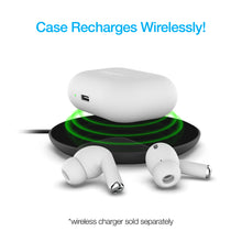 Load image into Gallery viewer, The case arranged with the earbuds on top of a wireless charger. The wireless charger is sold separately.
