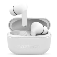 Load image into Gallery viewer, Front view of the white earbuds case with the cover opened. One earbud is lifted, the other is in the compartment.
