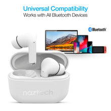 Load image into Gallery viewer, The earbuds arranged with a laptop, tablet, phones and Nintendo Switch and text: Universal Compatibility, works with all Bluetooth devices.
