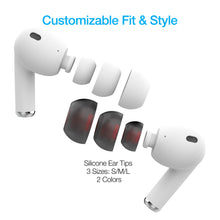 Load image into Gallery viewer, The two earbuds arranged with the three different sized silicone ear tips.
