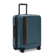 Load image into Gallery viewer, Angled view of the Ocean Blue suitcase with the telescopic handle pulled up.
