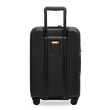 Load image into Gallery viewer, Back panel view of the black spinner suitcase with the telescopic handle extended.
