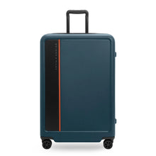 Load image into Gallery viewer, Front view of the Ocean Blue suitcase with the telescopic handle pulled up.
