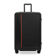 Load image into Gallery viewer, Front view of the black suitcase with the telescopic handle extended.

