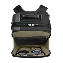 Load image into Gallery viewer, Top panel view of the black backpack duffle. The front pocket is unzipped, and a sunglasses case, battery bank and pen are organized inside. 

