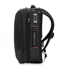 Load image into Gallery viewer, Side panel view of the black backpack duffle. It has a grip handle and embossable tag. 
