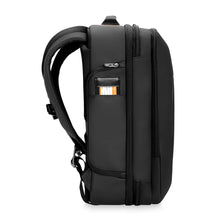 Load image into Gallery viewer, Side panel view of the black backpack duffle. It features a zipper-closing pocket and contact tag. 
