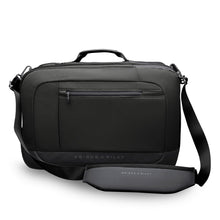 Load image into Gallery viewer, Front view of the black backpack duffle on it's side with a padded shoulder strap clipped on.
