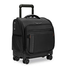 Load image into Gallery viewer, Angled front view of the black underseat cabin spinner suitcase. The telescopic handle is partly extended.
