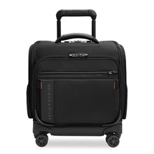 Load image into Gallery viewer, Front panel view of the black underseat cabin spinner suitcase. It features two zipper-closing pockets and an open compartment. 
