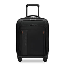 Load image into Gallery viewer, Front view of the black suitcase with the telescopic handle extended. 
