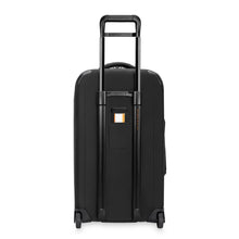 Load image into Gallery viewer, Back panel view of the black duffle bag. It features a contact tag between the telescopic handle rails.
