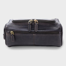 Load image into Gallery viewer, dark brown leather toiletry bag with multiple compartments and dark metal zippers
