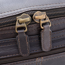 Load image into Gallery viewer, Close-up of a dark brown leather zippered bag showing two dark metal zipper pulls 
