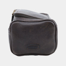 Load image into Gallery viewer, side view of a dark brown leather toiletry bag
