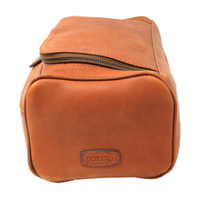 Load image into Gallery viewer, side view of a tan leather toiletry bag
