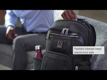 Load and play video in Gallery viewer, Review of the backpack, featuring its premium materials, leather accents, RFID pocket, padded sleeves, nylon fabric, and warranty. 
