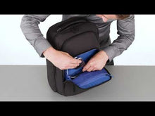 Load and play video in Gallery viewer, Review of the crossover 30 liter backpack featuring the organizational pockets within each compartment, laptop and tablet areas, blue lining, and RFID locking pockets.
