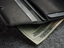 Load image into Gallery viewer, Close up to the stitching hear the cash bills compartment. 
