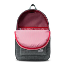 Load image into Gallery viewer, Front interior view of the Settlement backpack. The lining pattern is red with white vertical lines.
