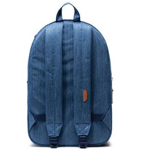Load image into Gallery viewer, Back panel view of the faded dark denim backpack.
