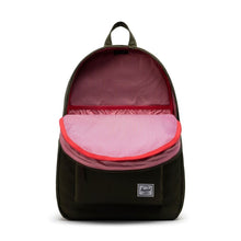 Load image into Gallery viewer, Front interior view of the icy green chicory coffee backpack. It features a laptop pocket and red and white lines pattern lining.

